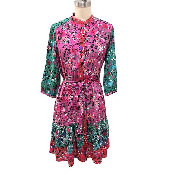 SALONI Tyra Printed Silk Shirt Dress US 4  Meadow Green Pink - Picture 2 of 11